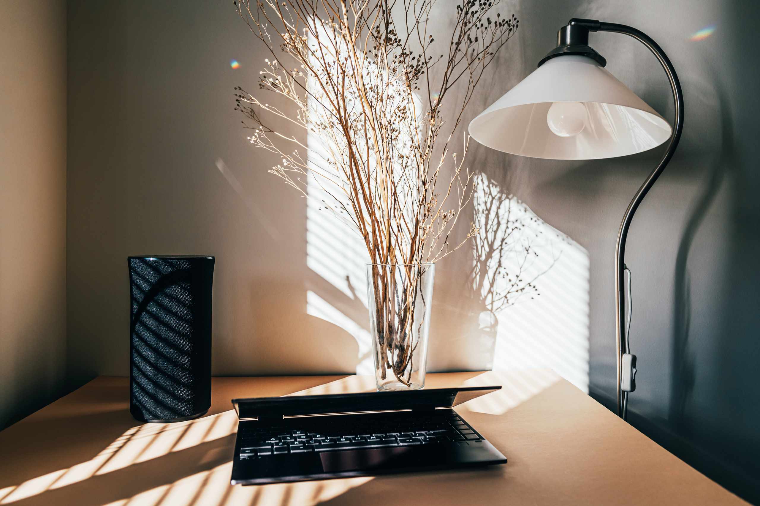 Home office desk arranged for work with balanced lighting