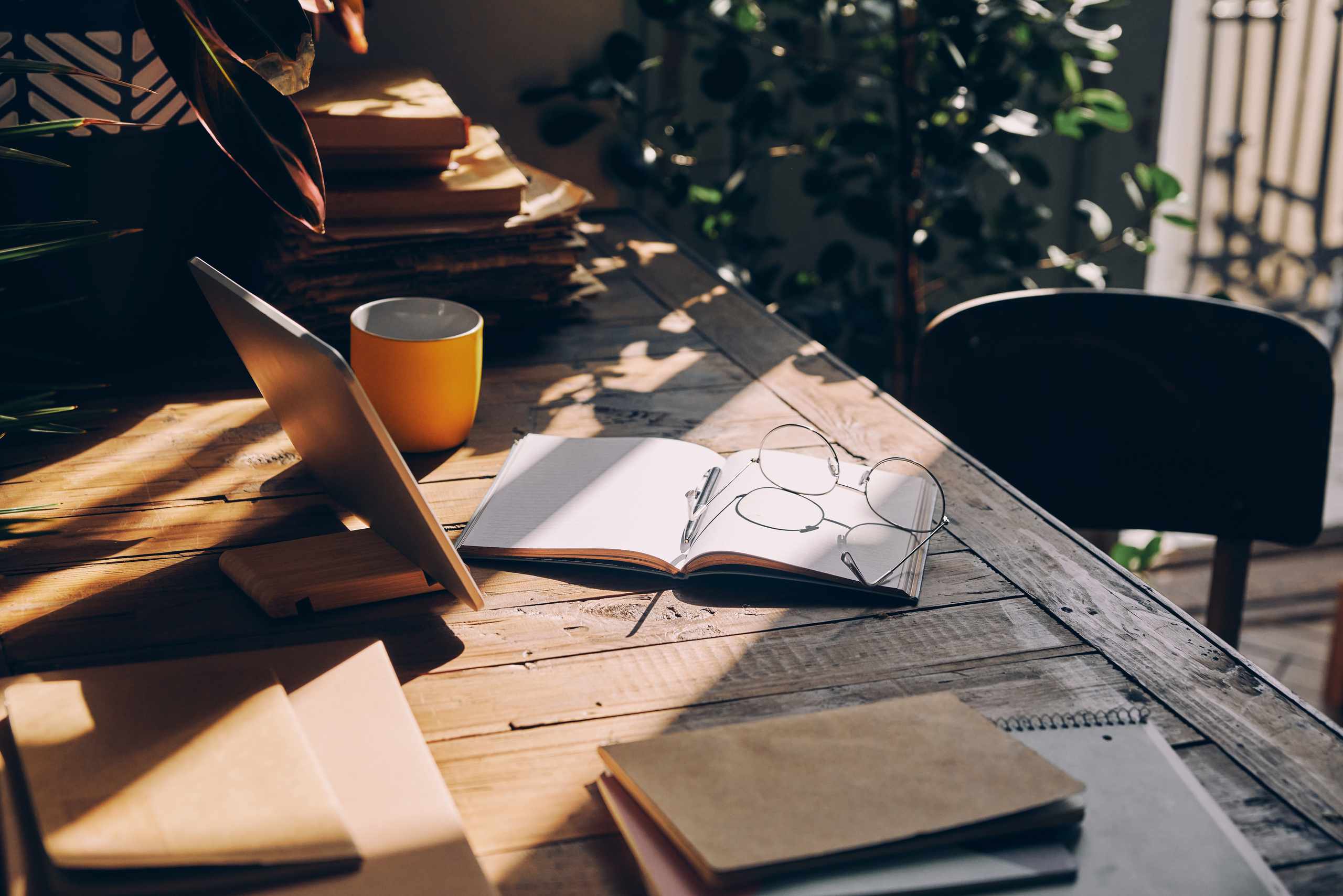 Close view of a workspace illuminated by directional sunlight